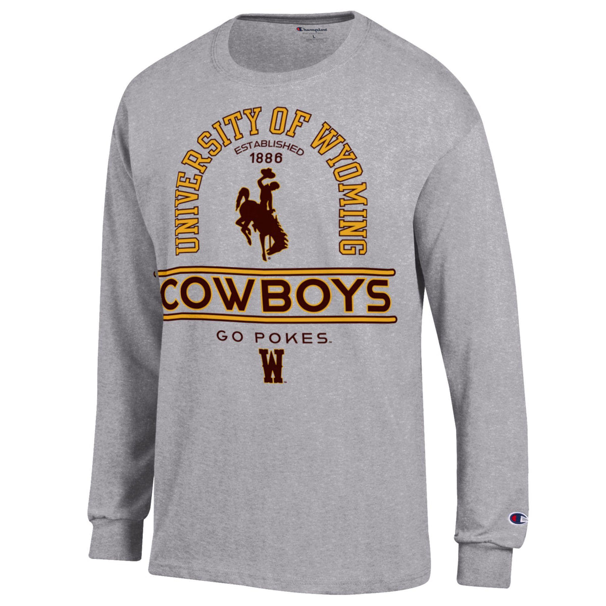 Gray long-sleeve shirt with 'University of Wyoming Cowboys' text and bucking horse logo in brown and gold pictured on a white background