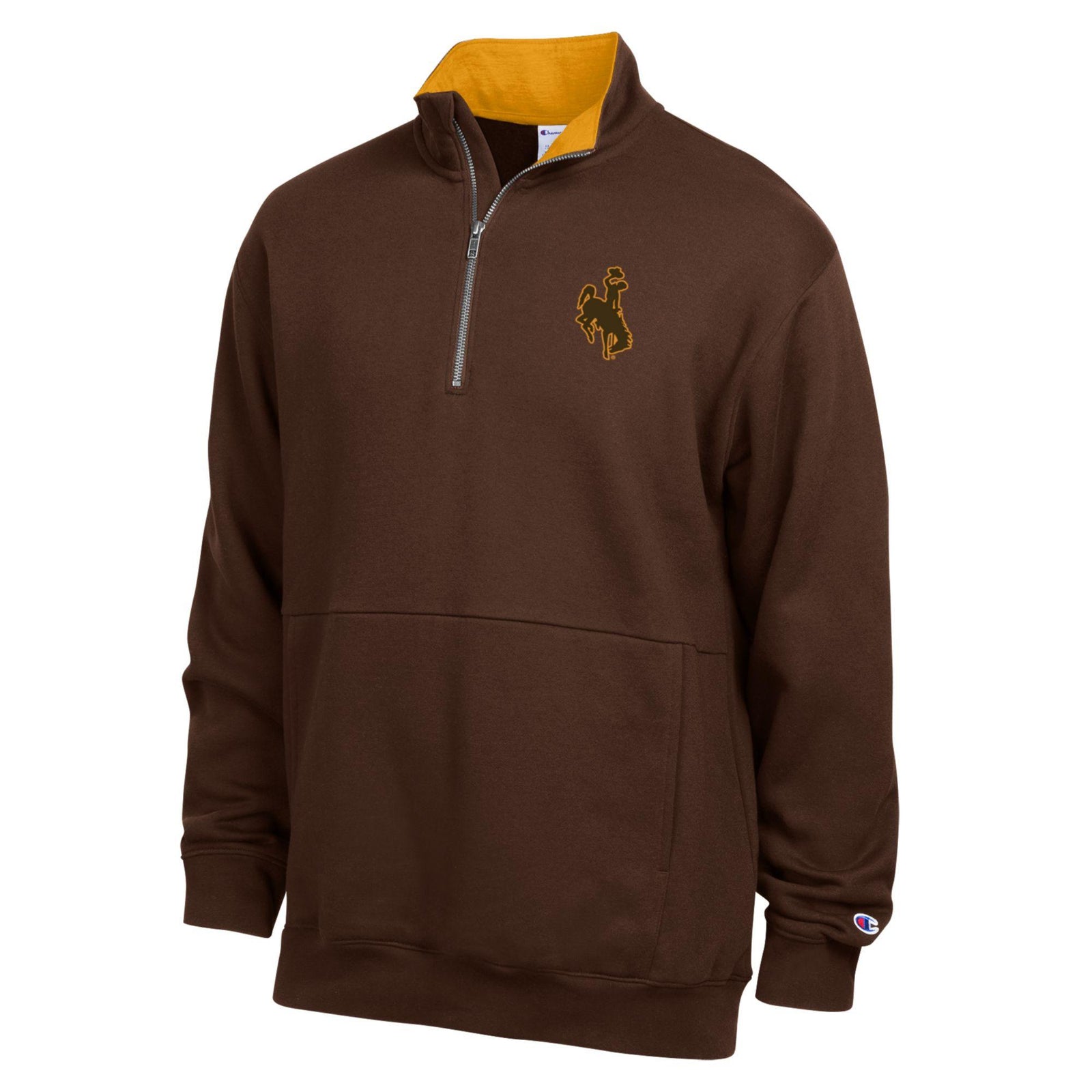 Brown champion 1/4 zip jacket with gold collar. Has brown bucking horse logo with gold outline on left chest and oversized kangaroo pocket on the front. Zipper is silver and the jacket is pictured on a white background.