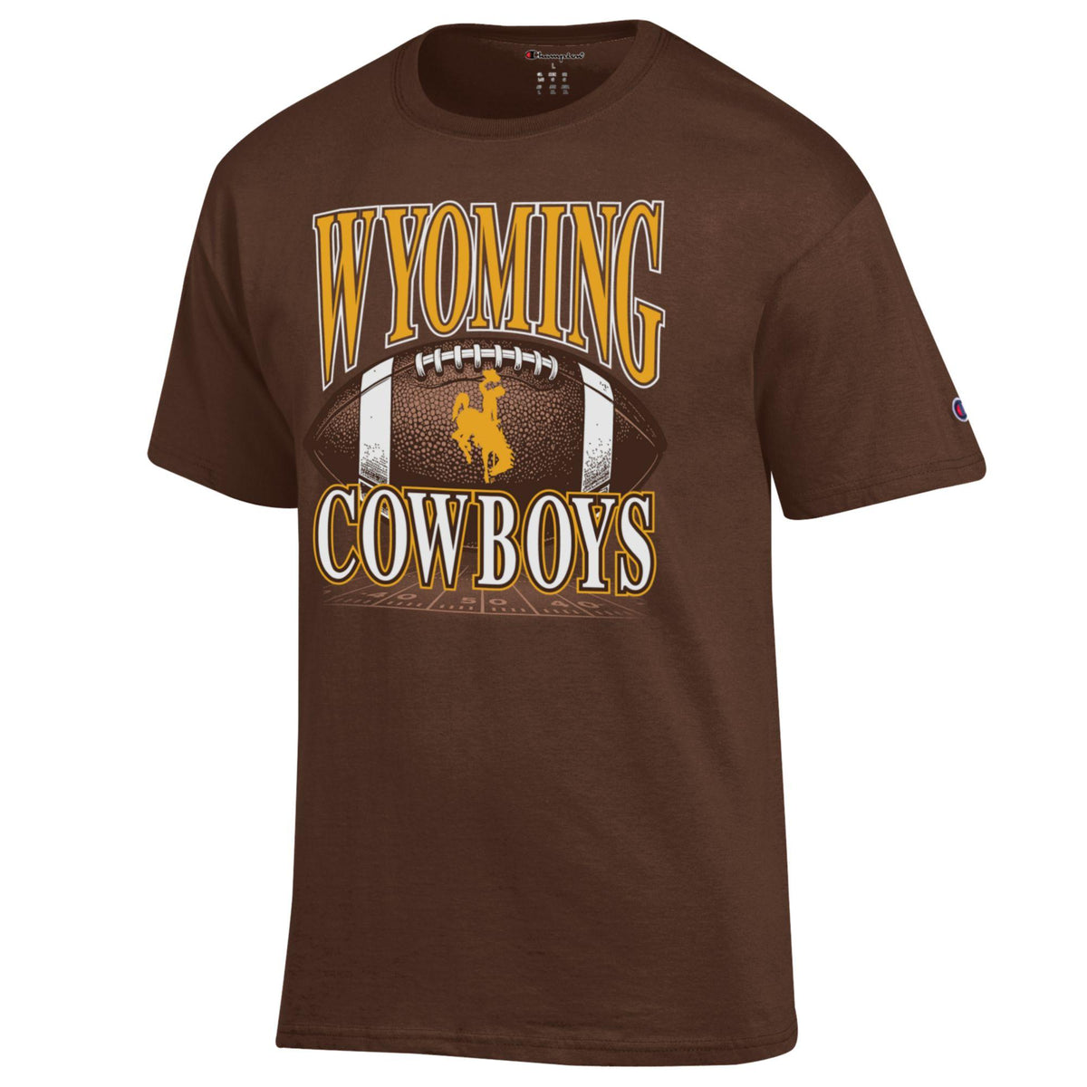 Brown t-shirt with 'Wyoming Cowboys' and football graphic in gold pictured on a white background