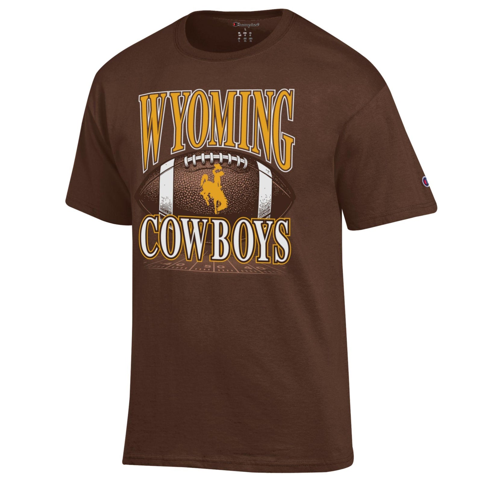 Brown t-shirt with 'Wyoming Cowboys' and football graphic in gold pictured on a white background