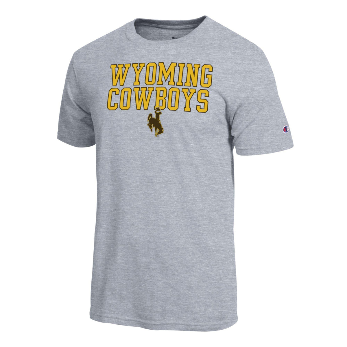 A heather gray short-sleeve t-shirt featuring 'WYOMING COWBOYS' printed in yellow block letters with a brown cowboy silhouette on the chest, and a small Champion logo on the left sleeve.