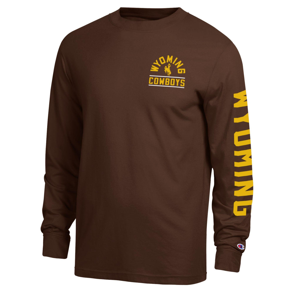 Brown long sleeve shirt with wyoming cowboys and bucking horse logo on left chest and wyoming lettering in gold down left sleeve. Pictured on a white background.