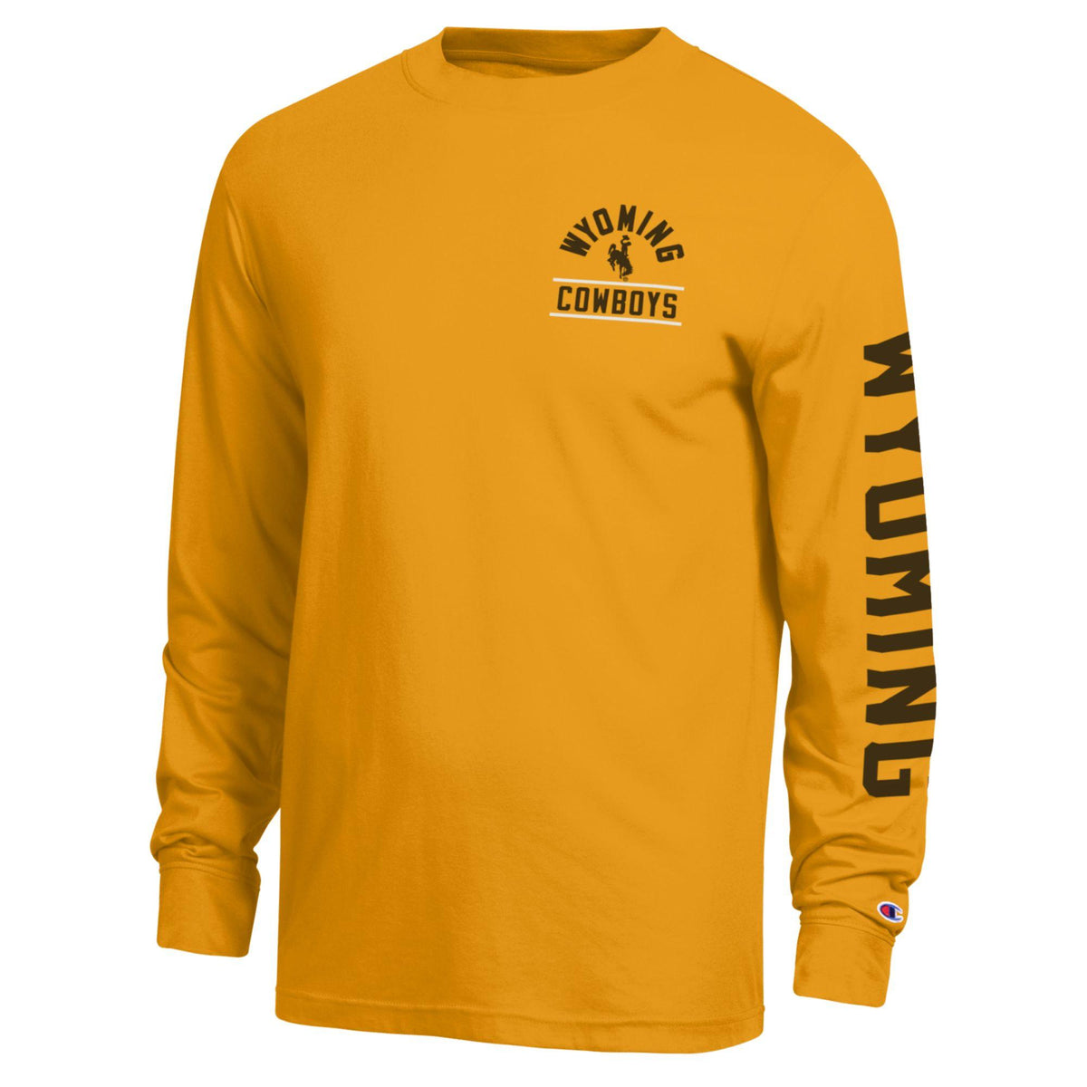 Gold long sleeve pictured on a white background. Has wyoming cowboys and bucking horse logo on left chest and wyoming lettering down left sleeve in brown.