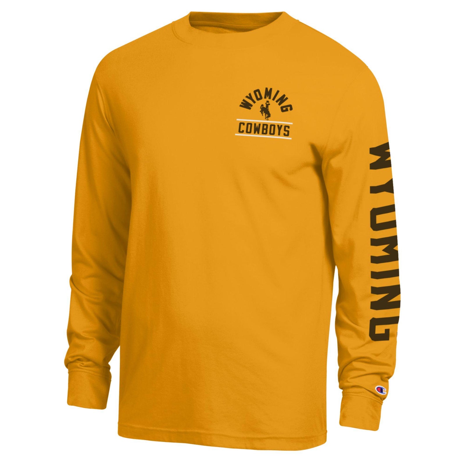 Gold long sleeve pictured on a white background. Has wyoming cowboys and bucking horse logo on left chest and wyoming lettering down left sleeve in brown.