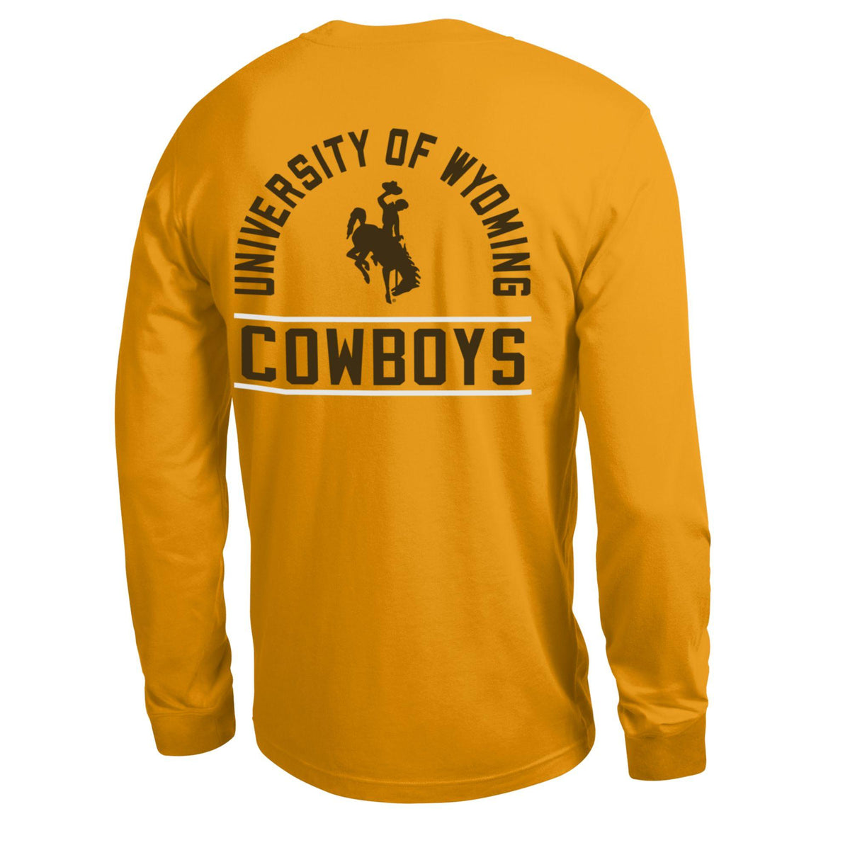 Gold long sleeve shown from the back on a white background. Has university of wyoming cowboys and a bucking horse logo on the majority of the back.