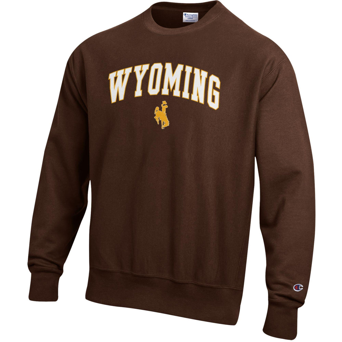 A brown crewneck sweatshirt featuring 'WYOMING' in an arched cream and gold collegiate font with a bucking horse graphic underneath, on a plain white background.