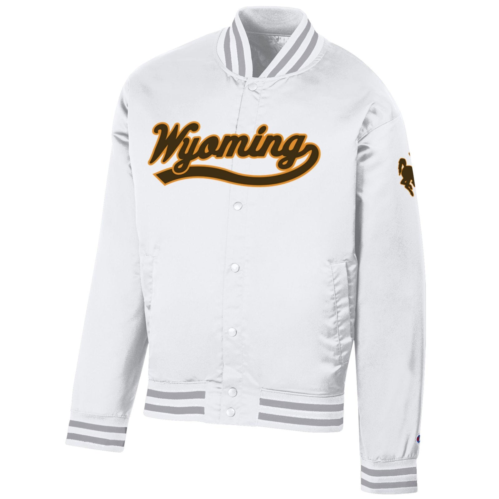 White bomber jacket with wyoming script and tail across front chest in brown and gold with bucking horse logo on left arm. Has grey stripes on collar, waist band, and wrists. Pictured on a white background.