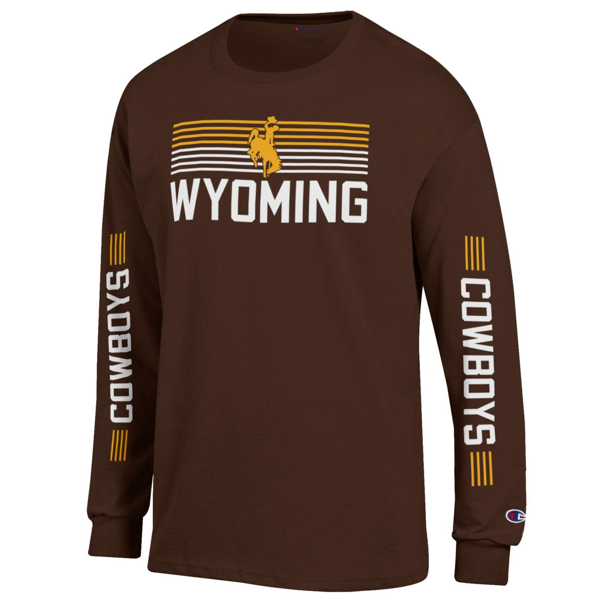 Brown champion long sleeve tee with gold and white 'wyoming' and bucking horse logo on front with 'cowboys' and stripes on the sleeves. pictured on a white background.