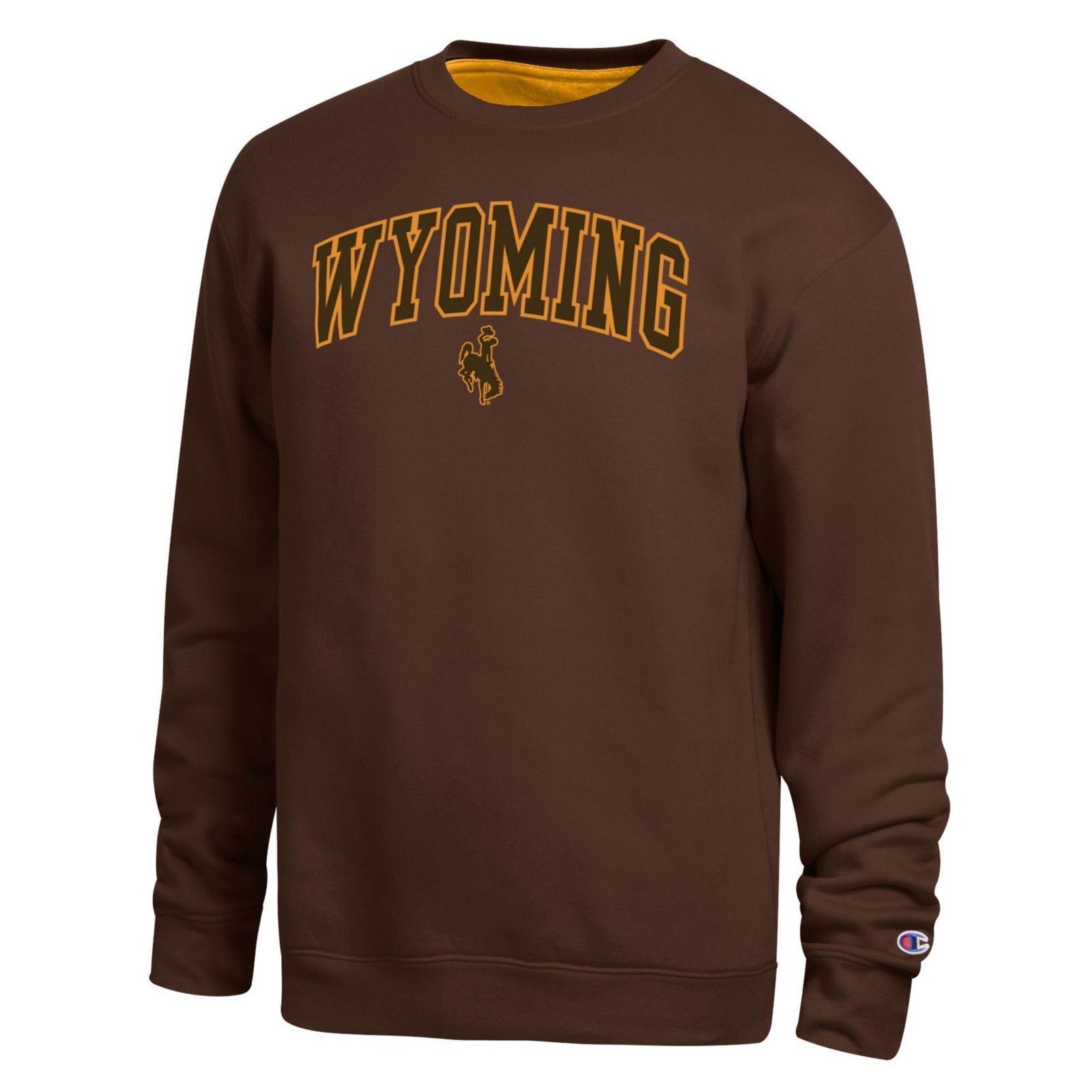 Brown champion crewneck with wyoming letters and bucking horse logo below. Pictured on a white background.