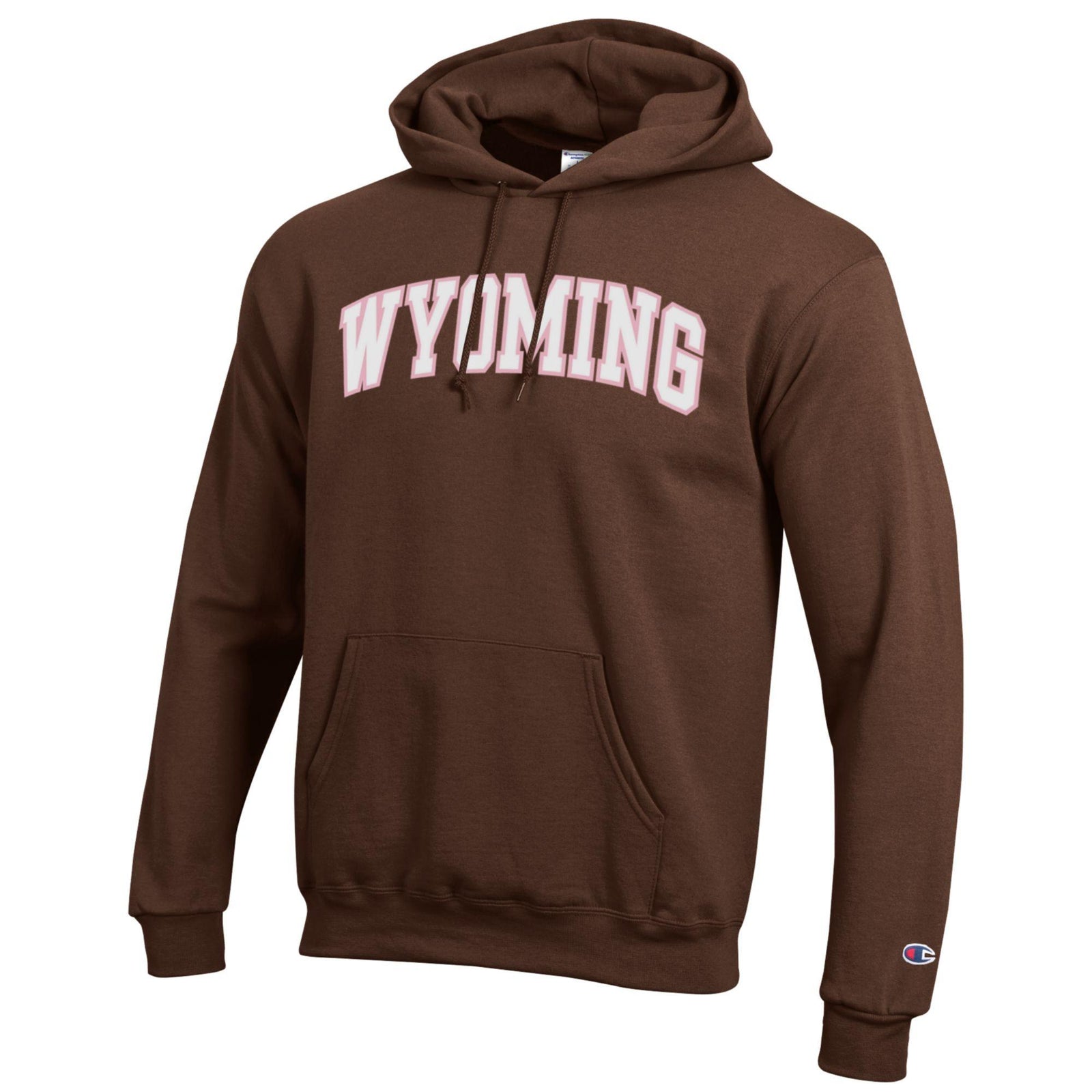 brown champion hooded sweatshirt with embroidered design center chest. design is white wyoming lettering with pink outline.