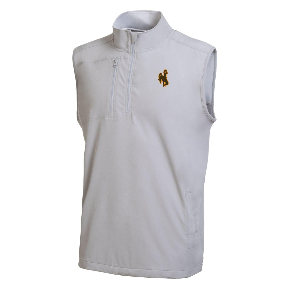 A grey sleeveless pullover vest with a small brown embroidered bucking horse logo on the left chest, displayed on a clean white background.