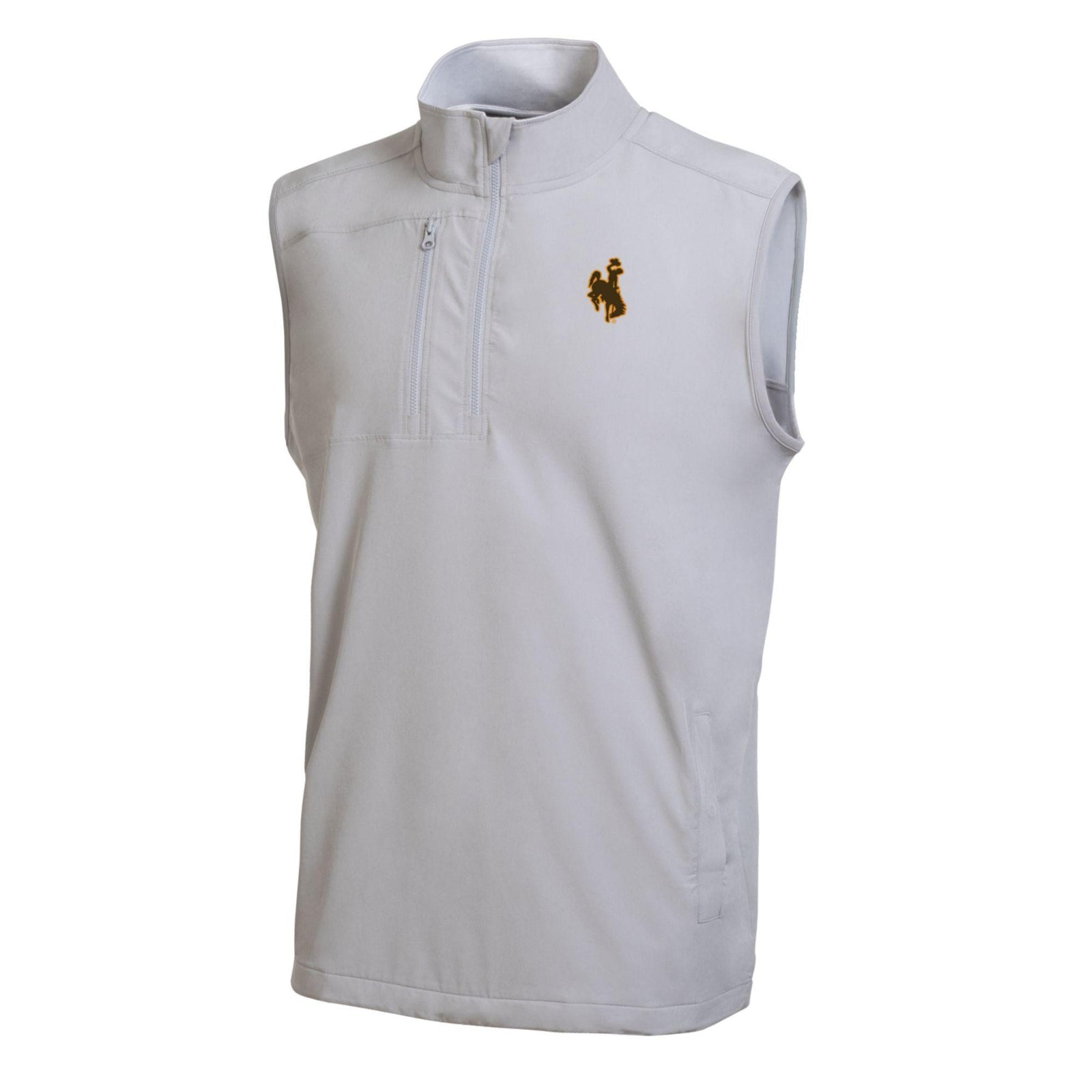 A grey sleeveless pullover vest with a small brown embroidered bucking horse logo on the left chest, displayed on a clean white background.