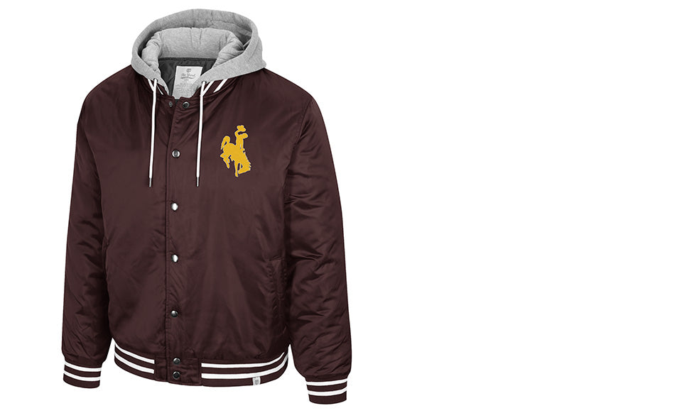 Brown puffer coat with grey hood and pin striped sleeves and bottom. Has gold bucking horse on left chest and zips all the way up and has buttons too. Pictured on a white background.