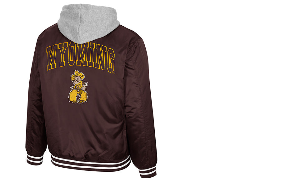back of heavy jacket with grey hood. has wyoming lettering at top of back in gold with pistol pete logo below. Pictured on a white background.