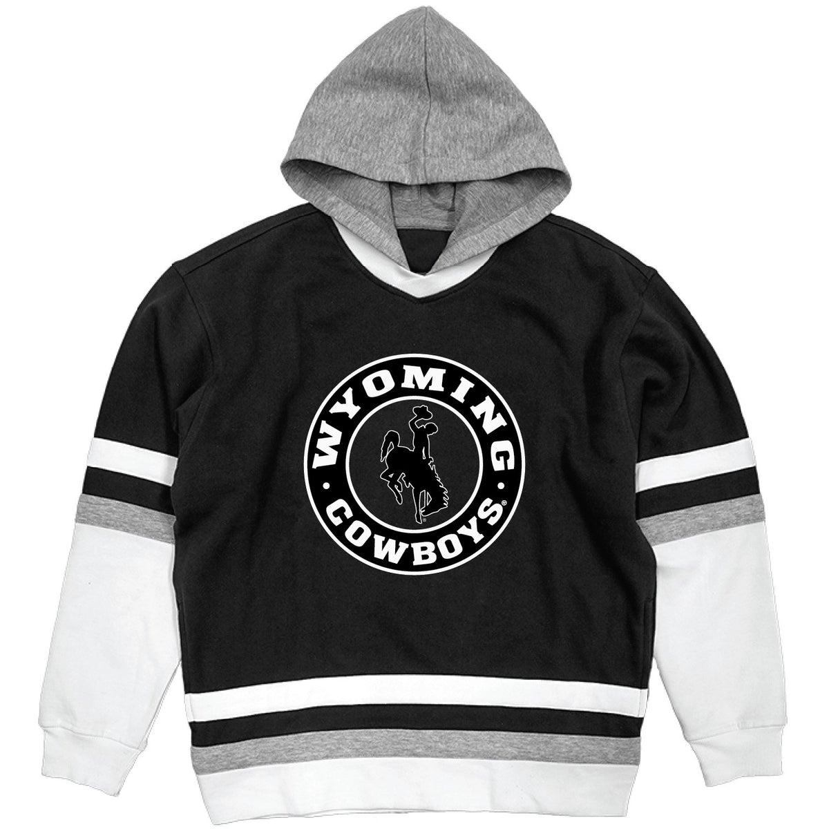 Black hockey hood with white and grey color blocking and hood. Has wyoming cowboys design on front chest with bucking horse logo. All pictured on a white background.