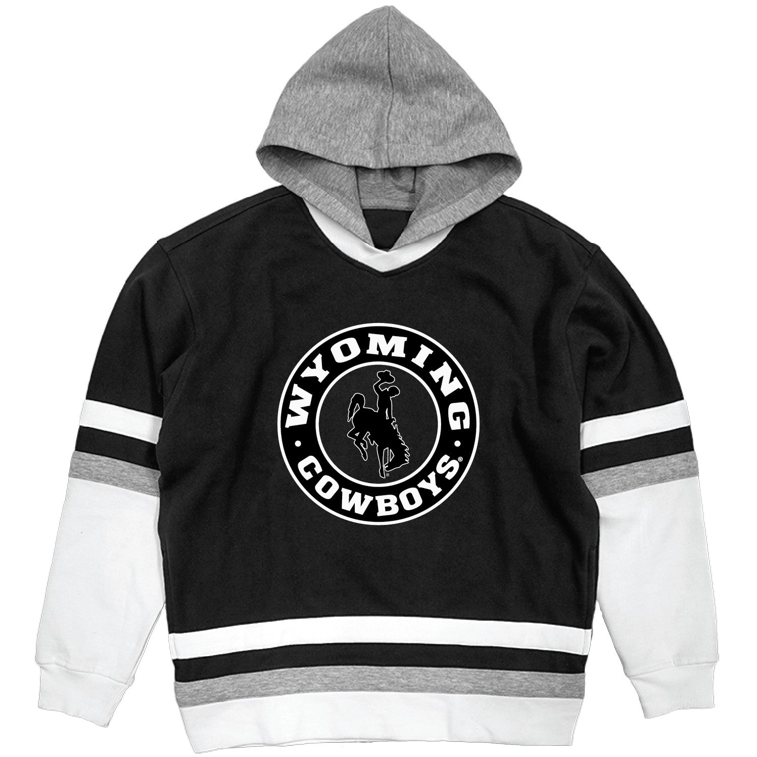Black hockey hood with white and grey color blocking and hood. Has wyoming cowboys design on front chest with bucking horse logo. All pictured on a white background.