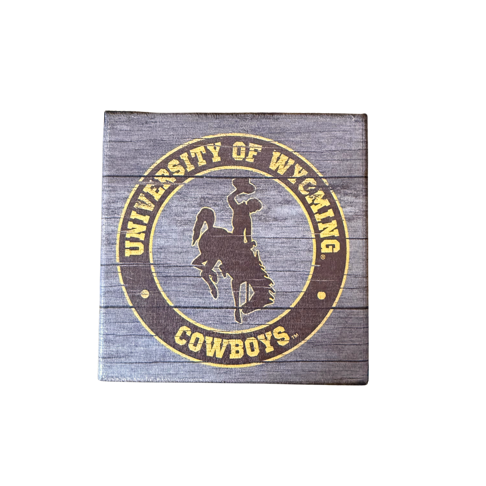 wooden tabletop block with 'university of wyoming' and bucking horse logo on the front in brown and gold