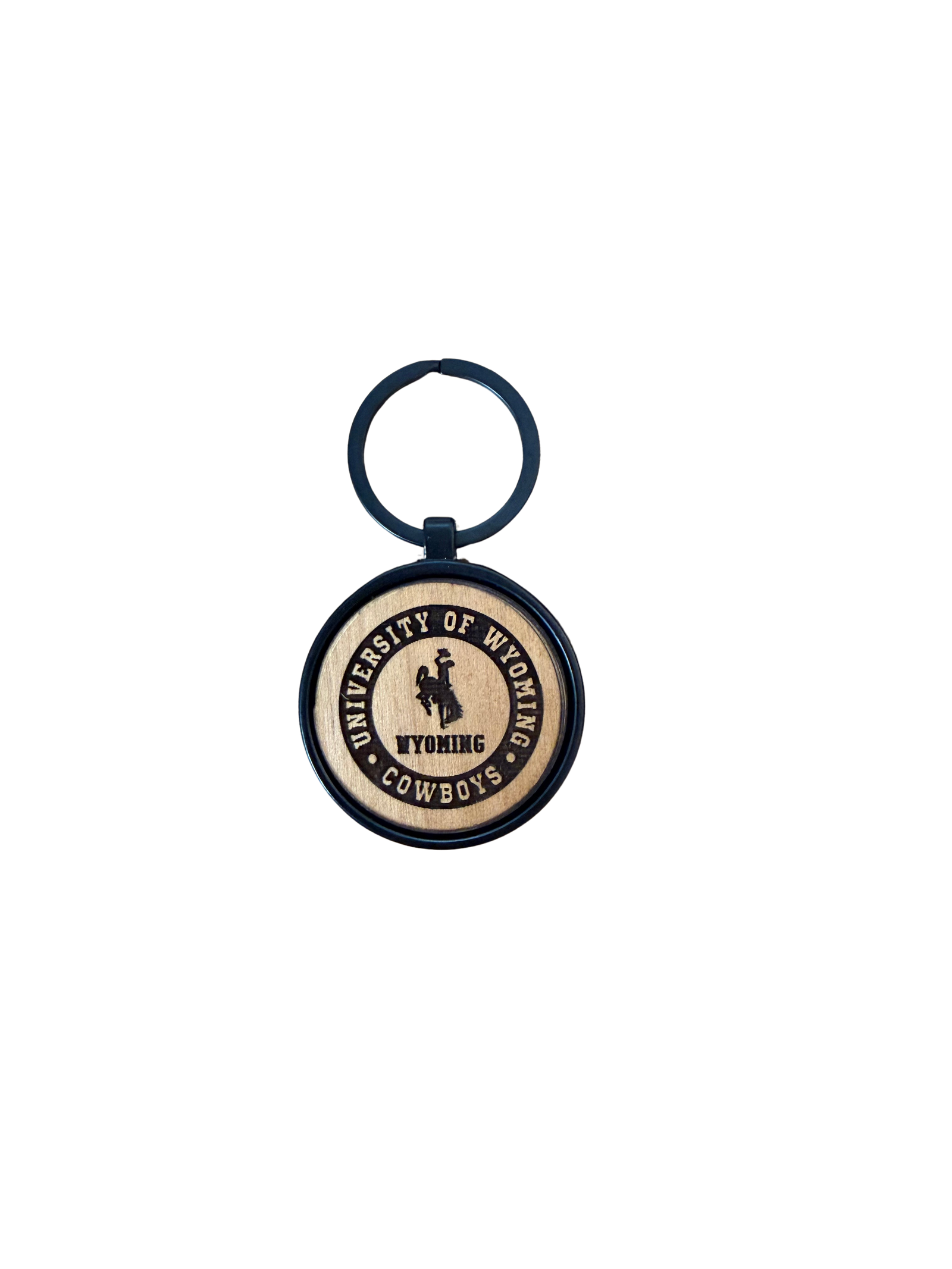 Keychain with 'University of Wyoming Cowboys' logo engraved in wood
