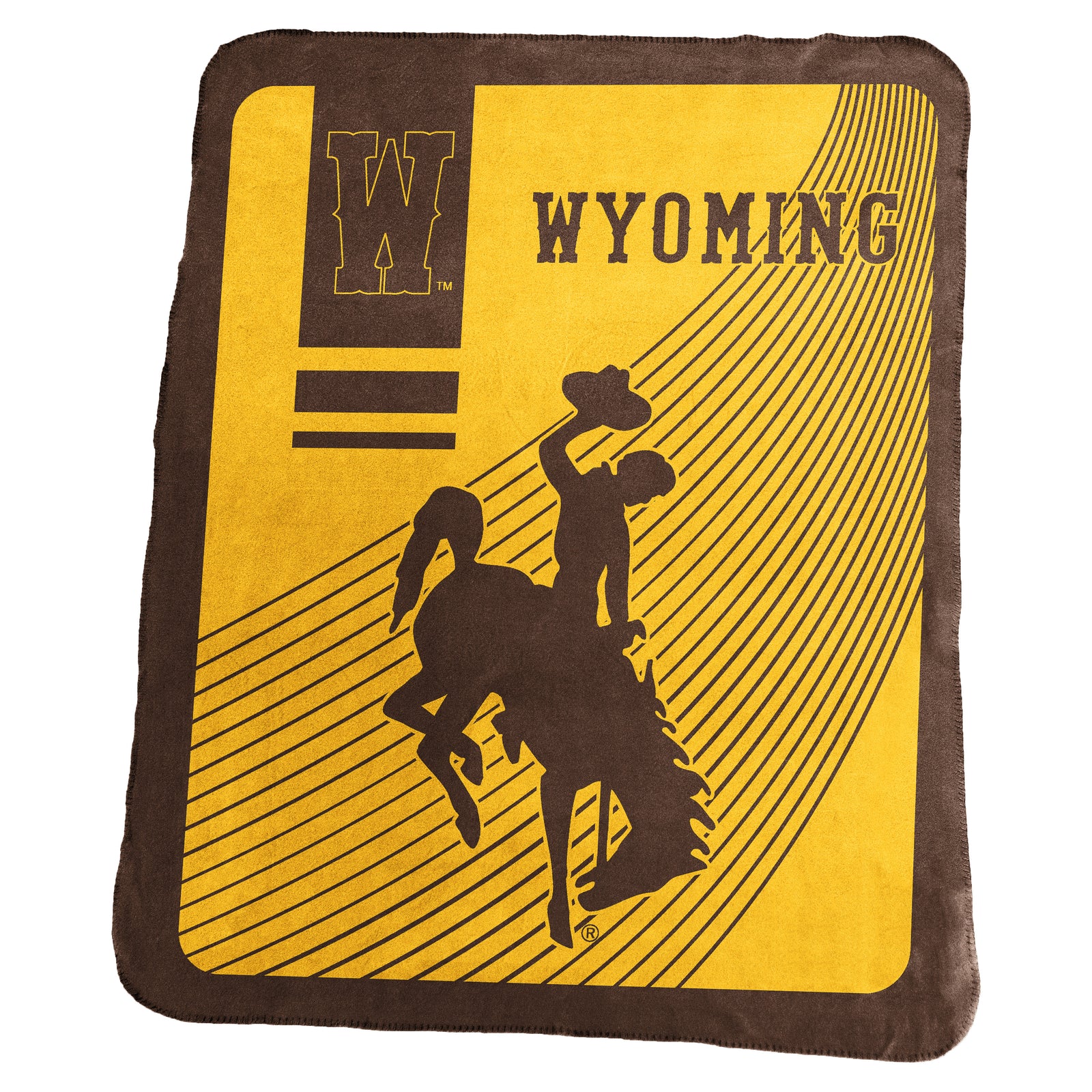 Gold and brown blanket with Wyoming and bucking horse logo in brown with stripes behind. Has brown border. Also has W logo. Pictured on a white background.