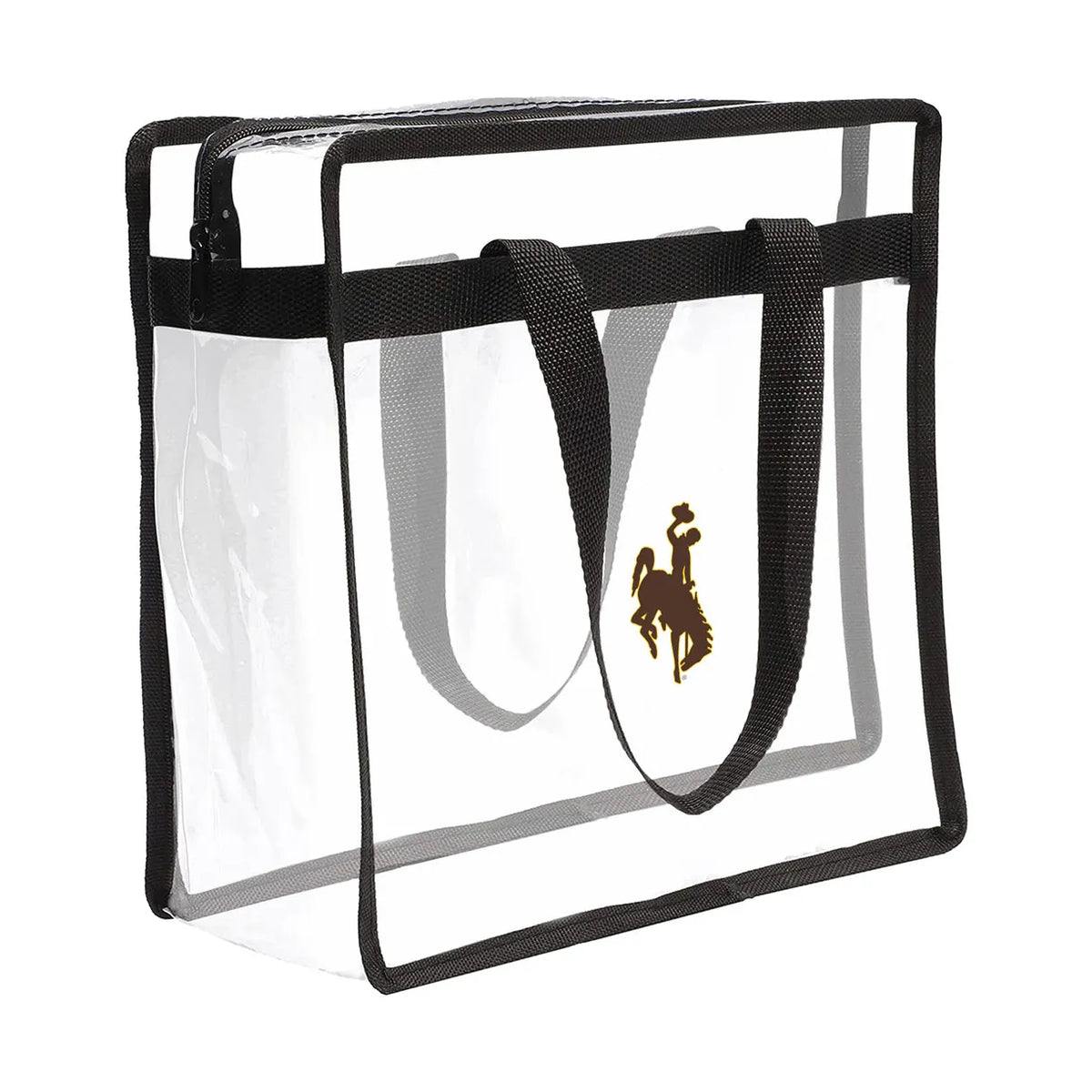 Clear tote bag with bucking horse logo on side. Pictured on a white background.