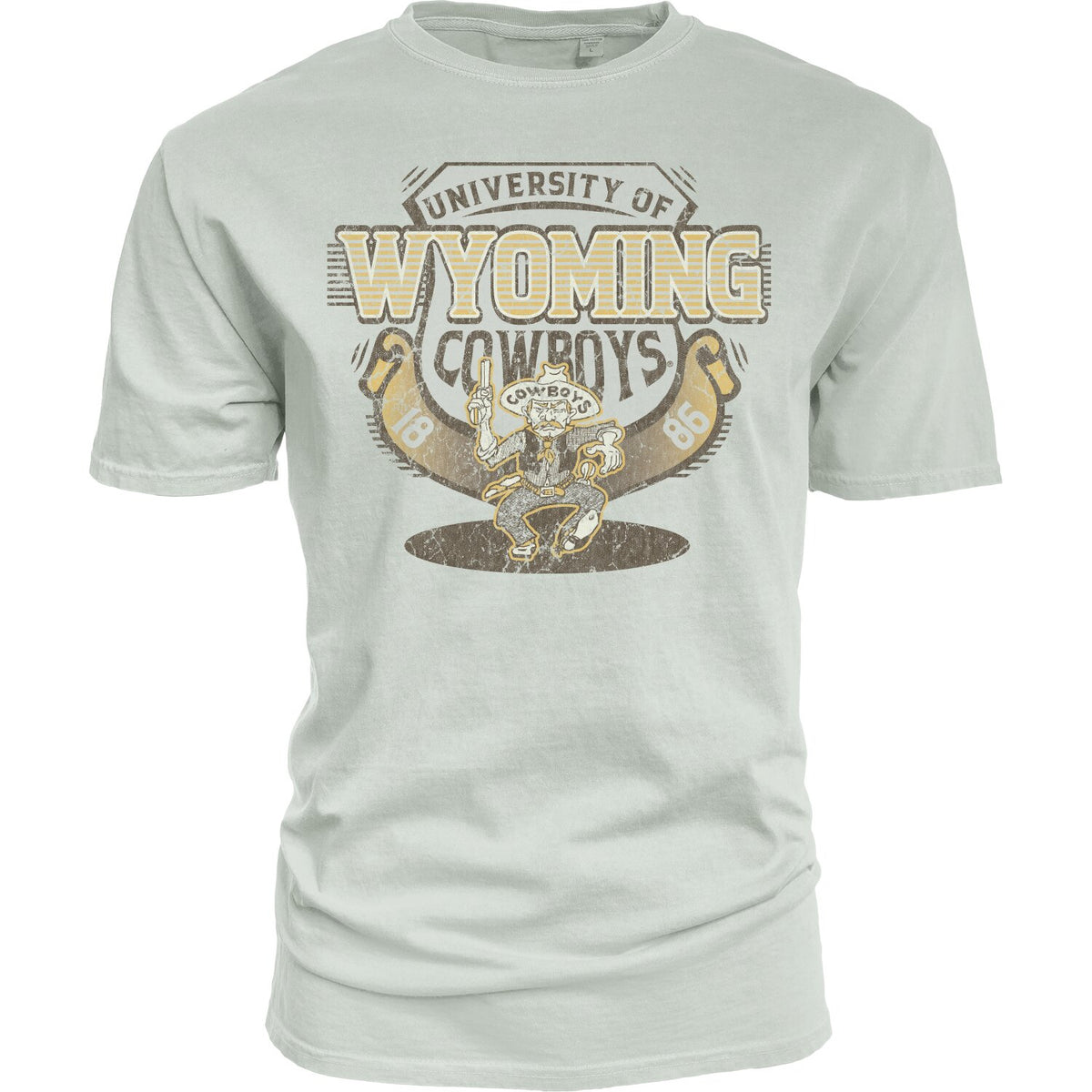 A cream short-sleeve t-shirt featuring a distressed graphic print of the 'University of Wyoming Cowboys' with the number 86 and a cowboy mascot.