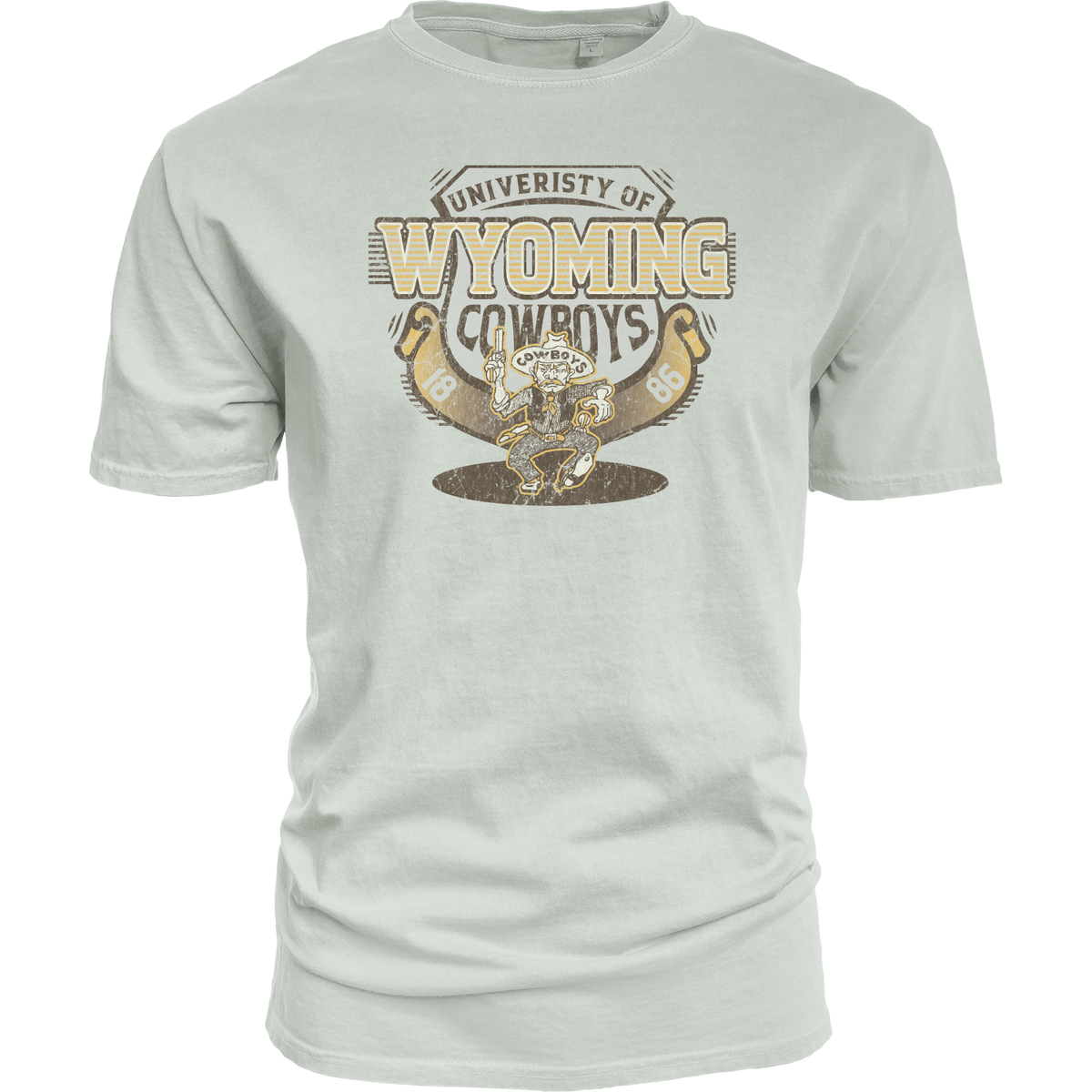 Cream t-shirt with 'University of Wyoming Cowboys' vintage graphic in brown white and gold all center chest.