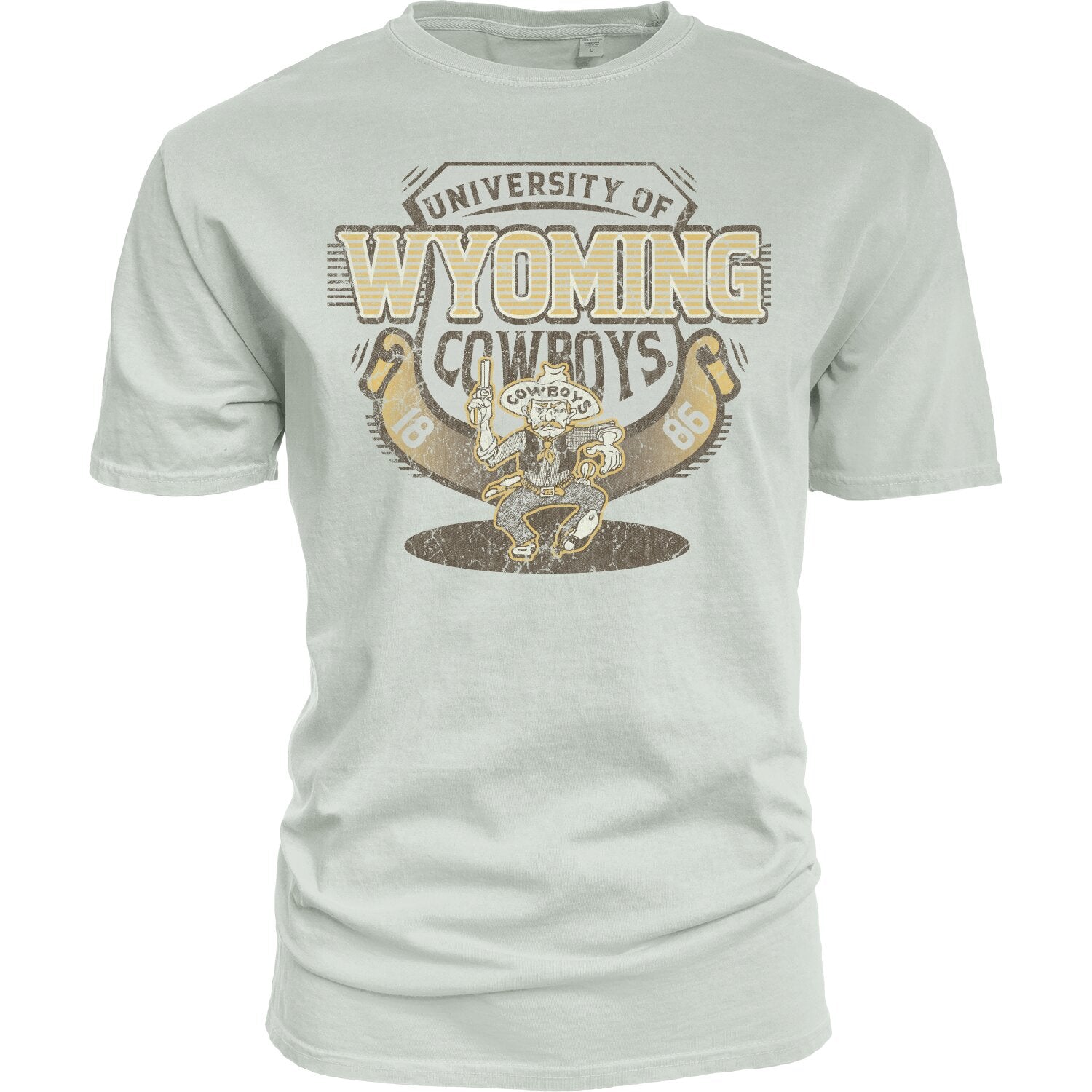 A cream short-sleeve t-shirt featuring a distressed graphic print of the 'University of Wyoming Cowboys' with the number 86 and a cowboy mascot.