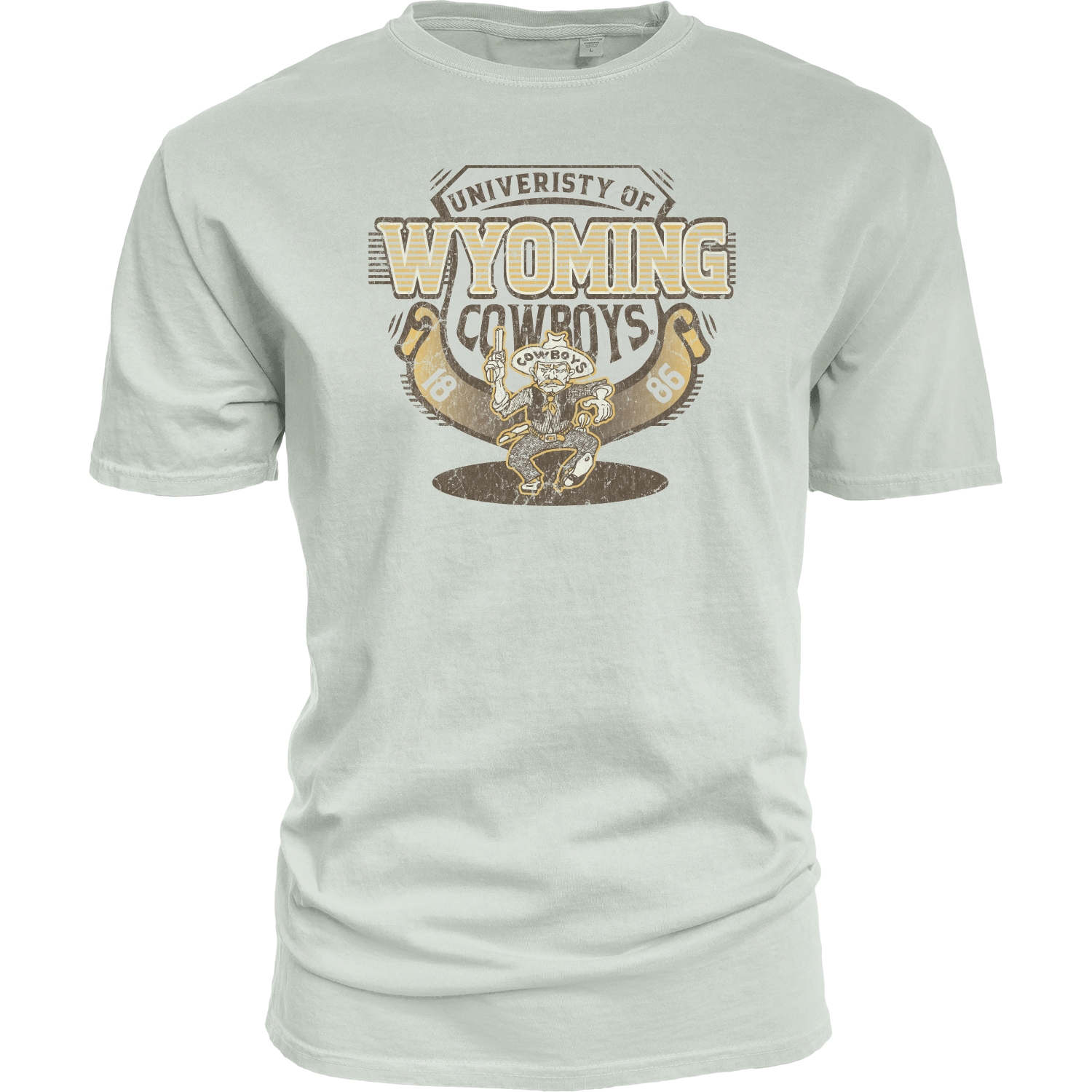 Cream t-shirt with 'University of Wyoming Cowboys' vintage graphic in brown white and gold all center chest.