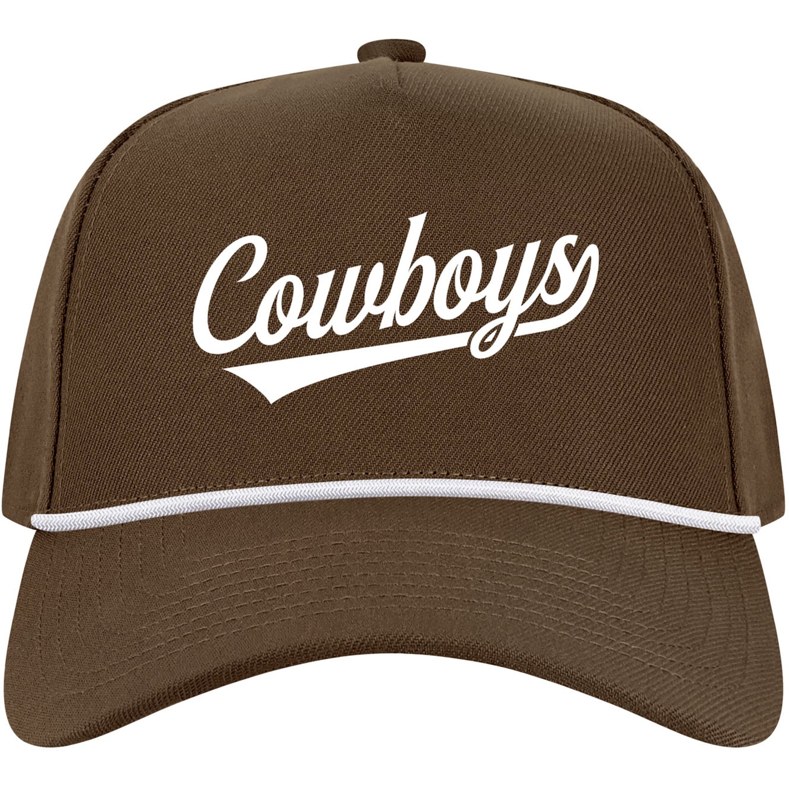 brown adjustable hat with white rope across bill. has white cowboys script with tail centered on front panel