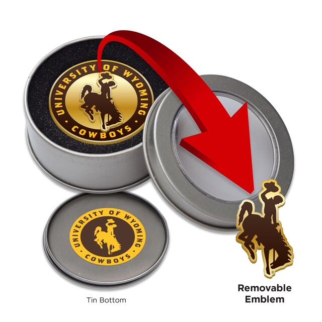 Metal tin with a metal balll markert and removable emblem featuring University of Wyoming Cowboys and bucking horse logo in brown and gold.