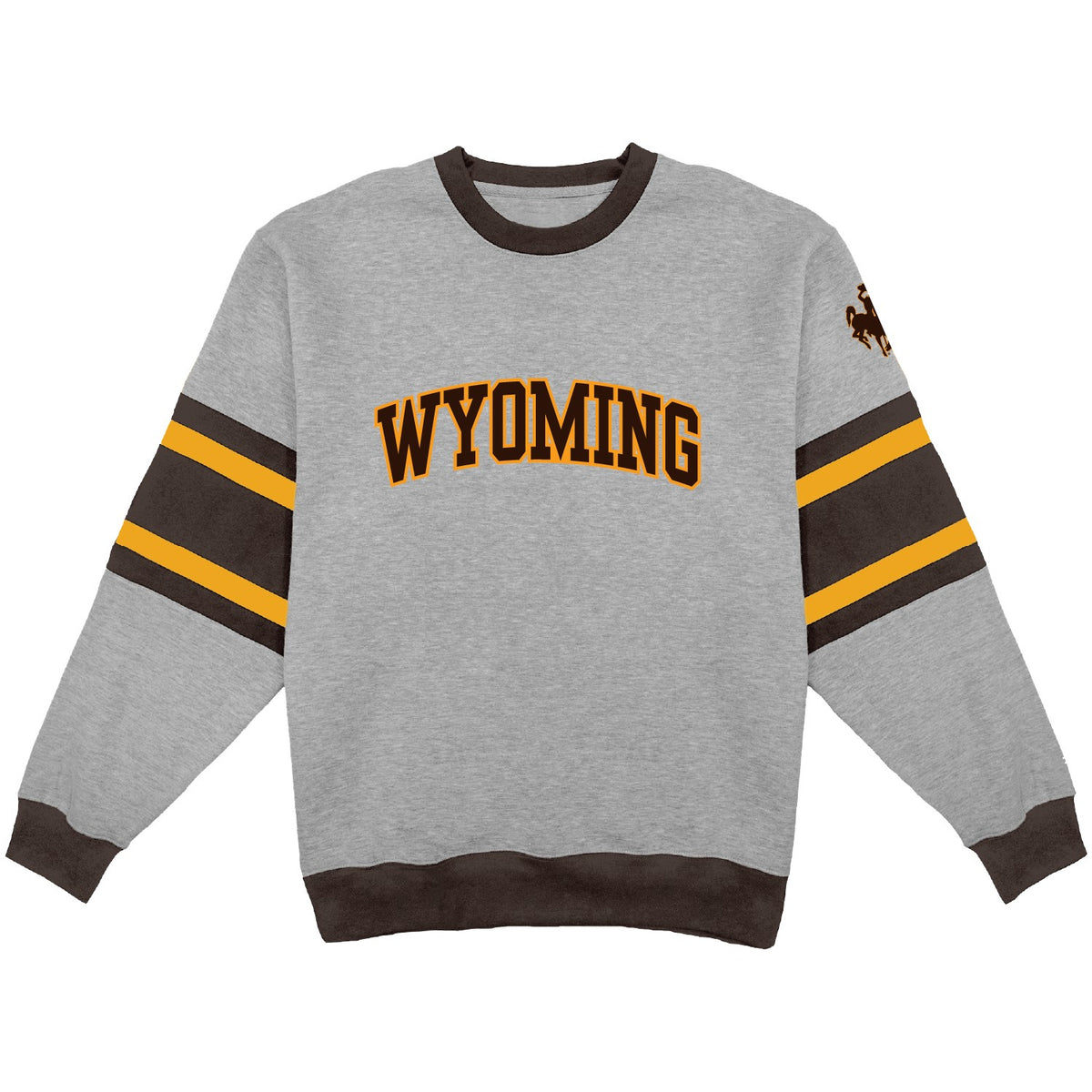 Grey crewneck with brown and gold colorblocking. Has 'wyoming' on the front with a bucking horse logo on the left arm. All pictured on a white background.