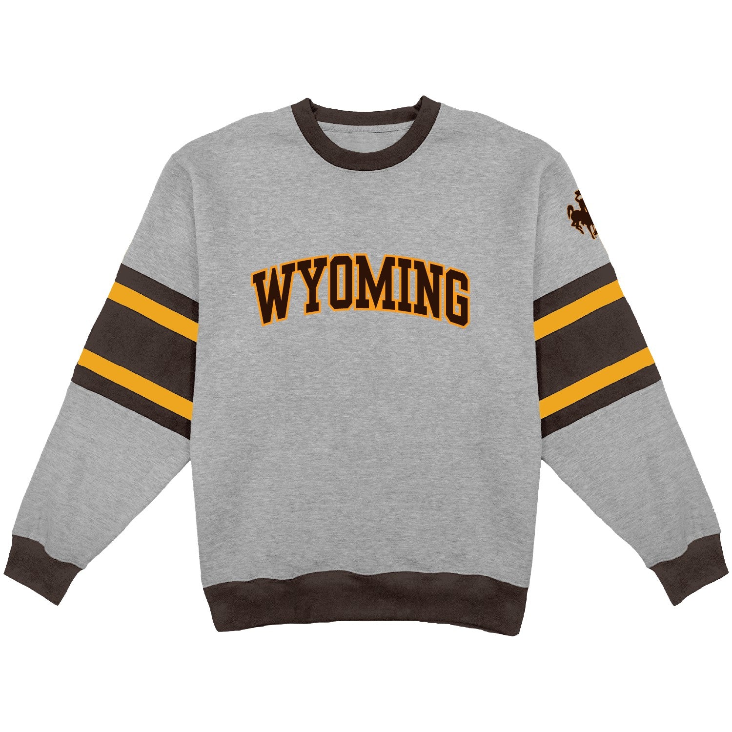 Grey crewneck with brown and gold colorblocking. Has 'wyoming' on the front with a bucking horse logo on the left arm. All pictured on a white background.