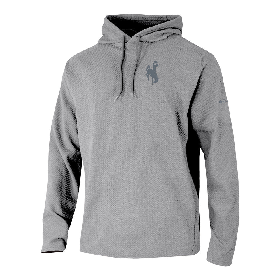Gray hoodie with a bucking horse logo on left chest pictured  on a white background