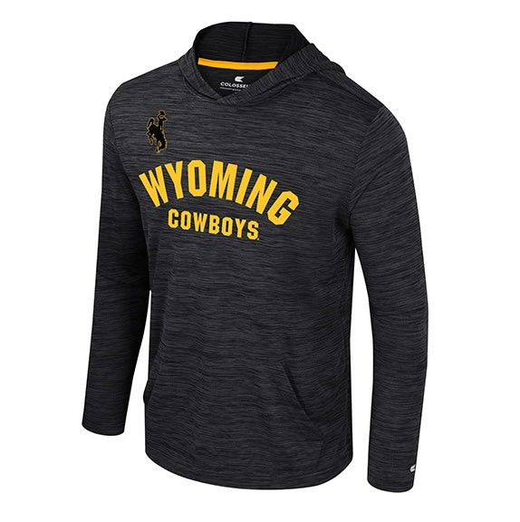 Black heathered long sleeve hooded tee shirt. has 'wyoming cowboys' and bucking horse logo on front chest in gold and black. All pictured on a white background.