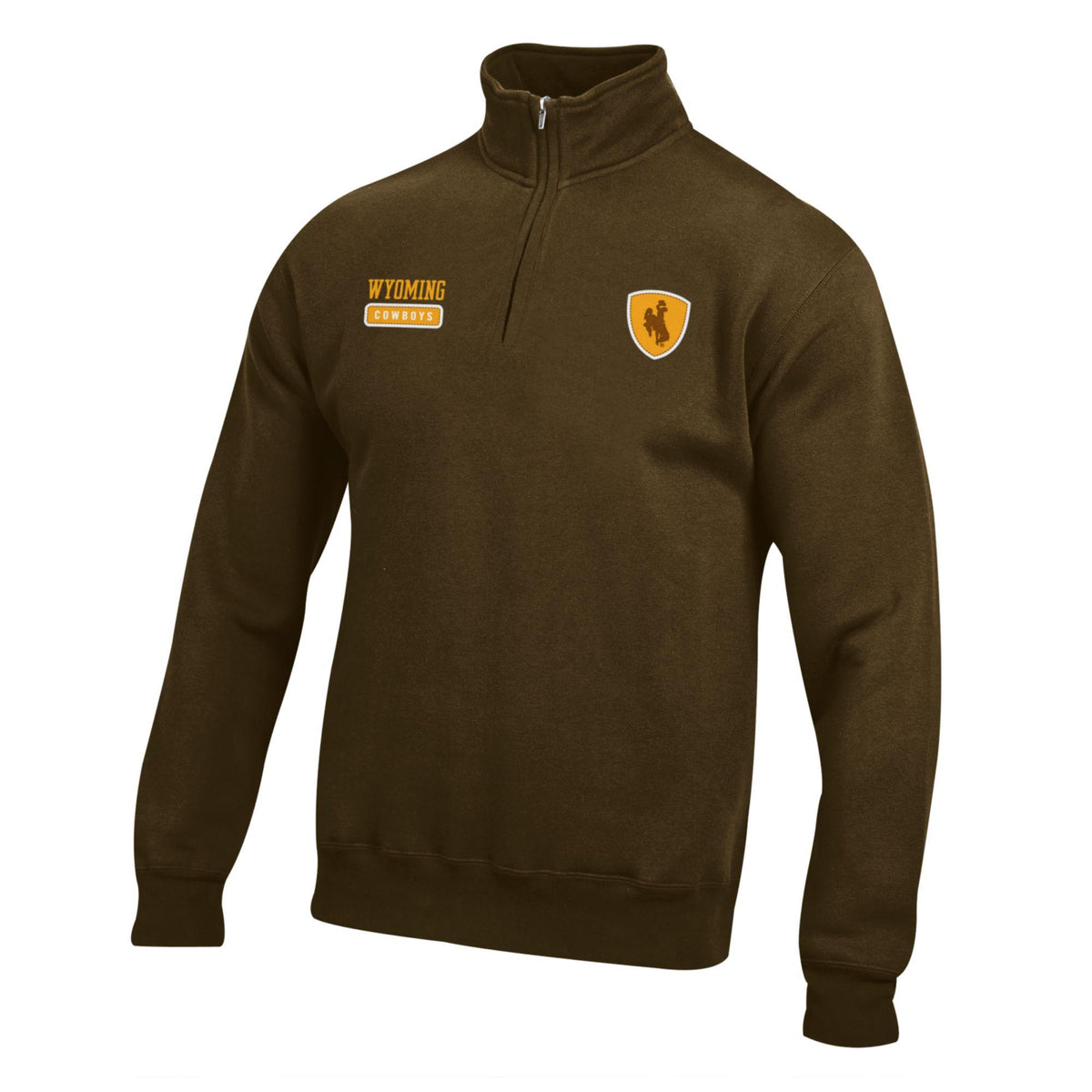Brown 1/4 zip jacket with Wyoming Cowboys logo on right chest and bucking horse logo on left chest all on a white background
