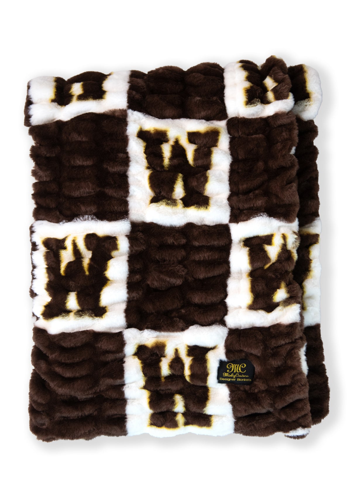 Brown and white checkered blanket with W logo in white squares.