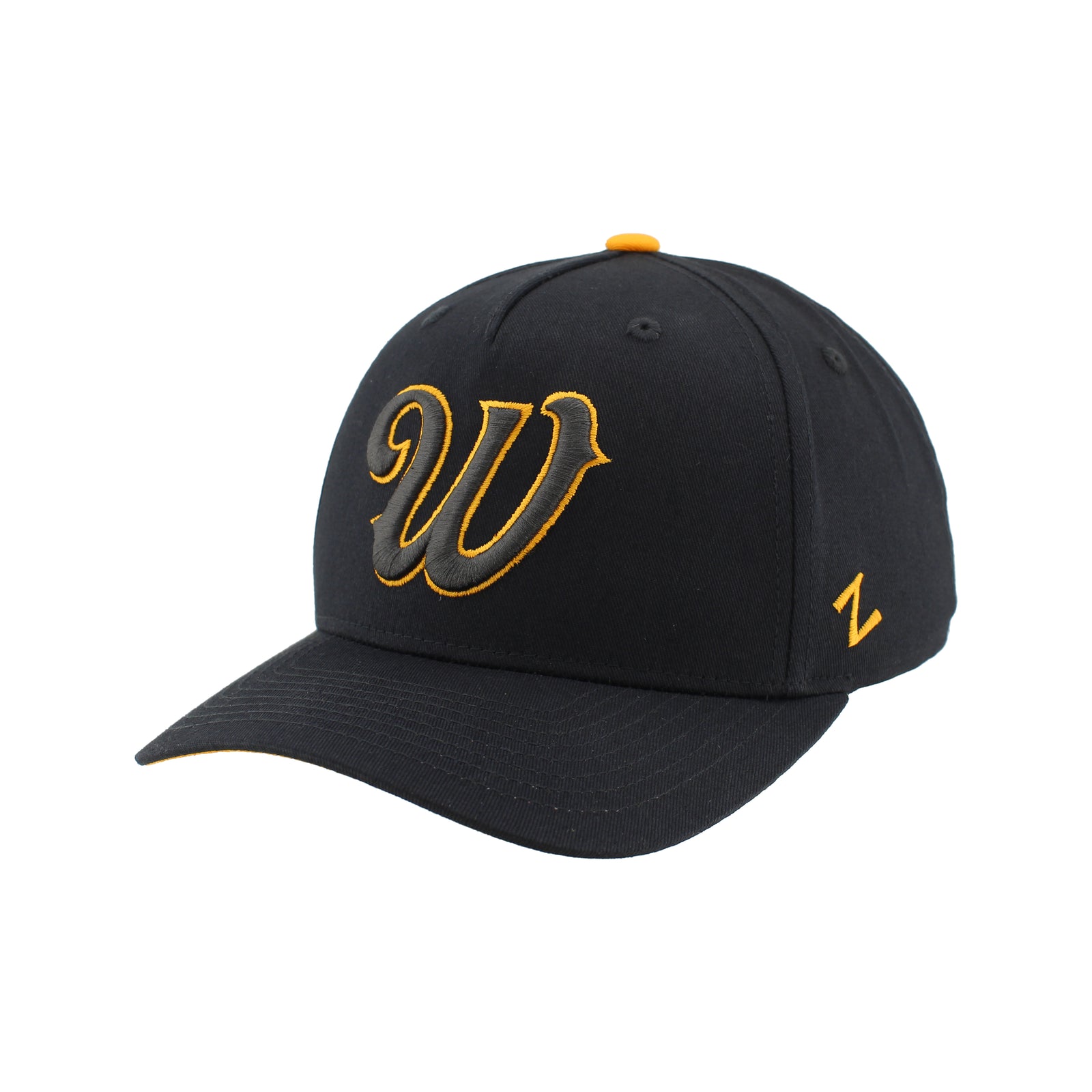 Black adjustable hat with gold 'W' logo on front panel