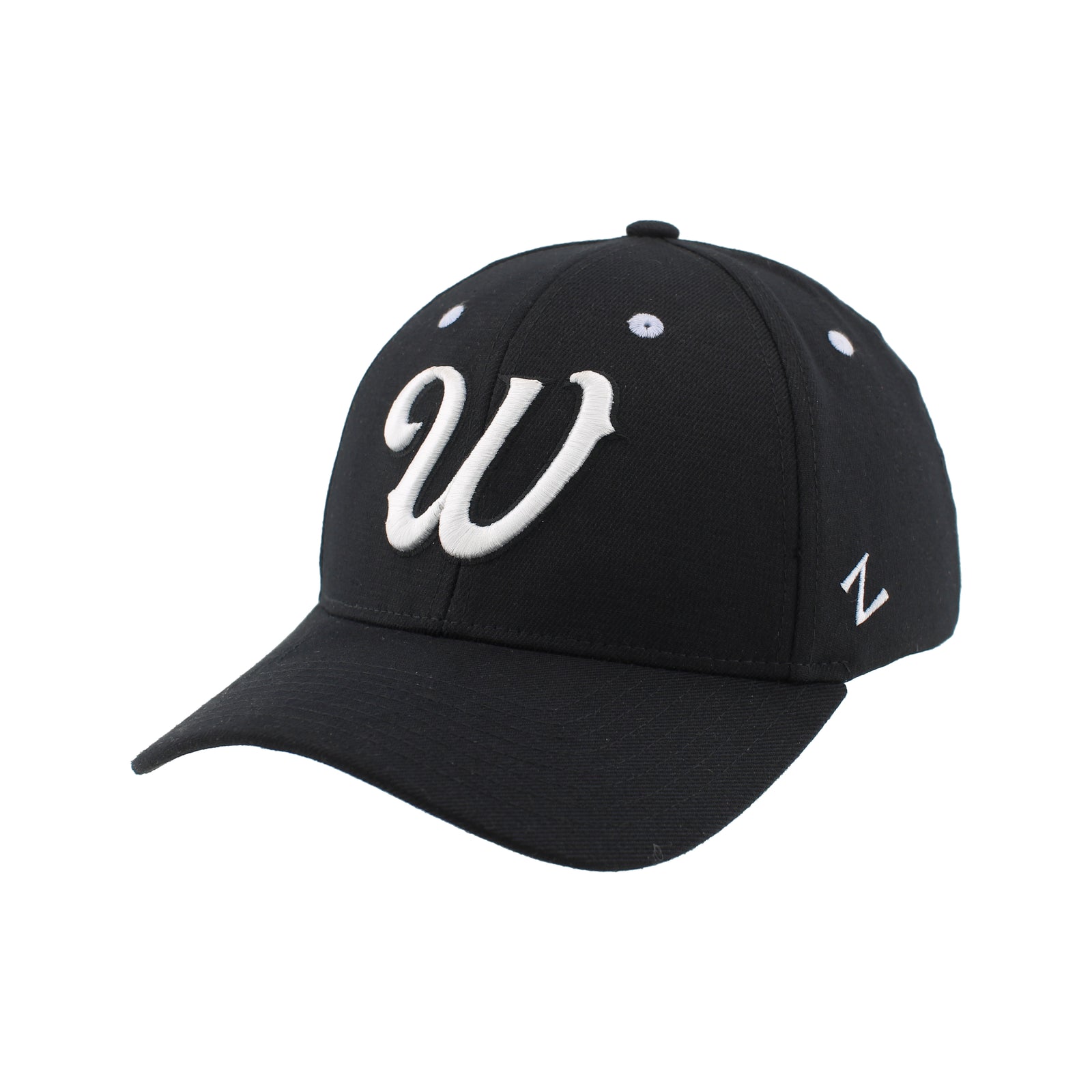 Black cap with a white 'W' cursive logo on front all on a white background