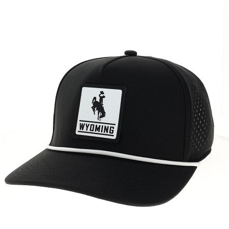Black trucker hat with white rope across front bill. Has white silicone patch on front panel with black bucking horse and wyoming inside.
