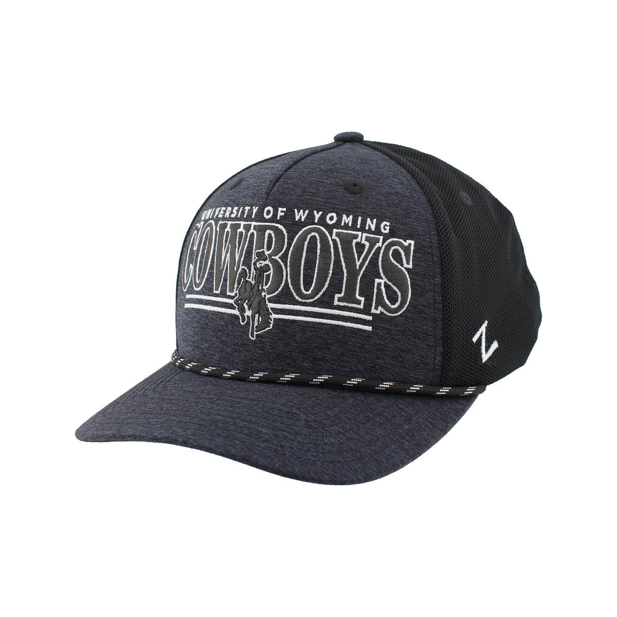 Black cap with 'University of Wyoming Cowboys' embroidered on front panel in white and grey. has black and white rope on rim.