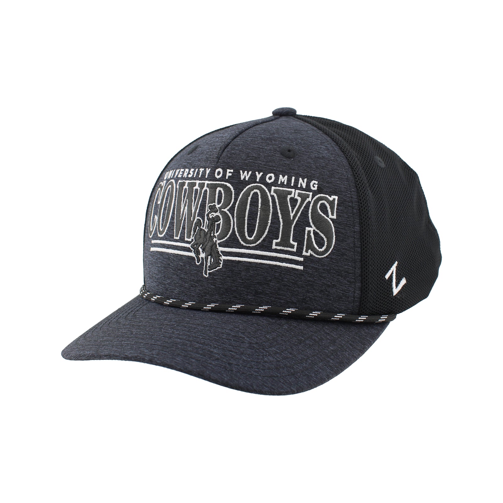 Black cap with 'University of Wyoming Cowboys' embroidered on front panel in white and grey. has black and white rope on rim.