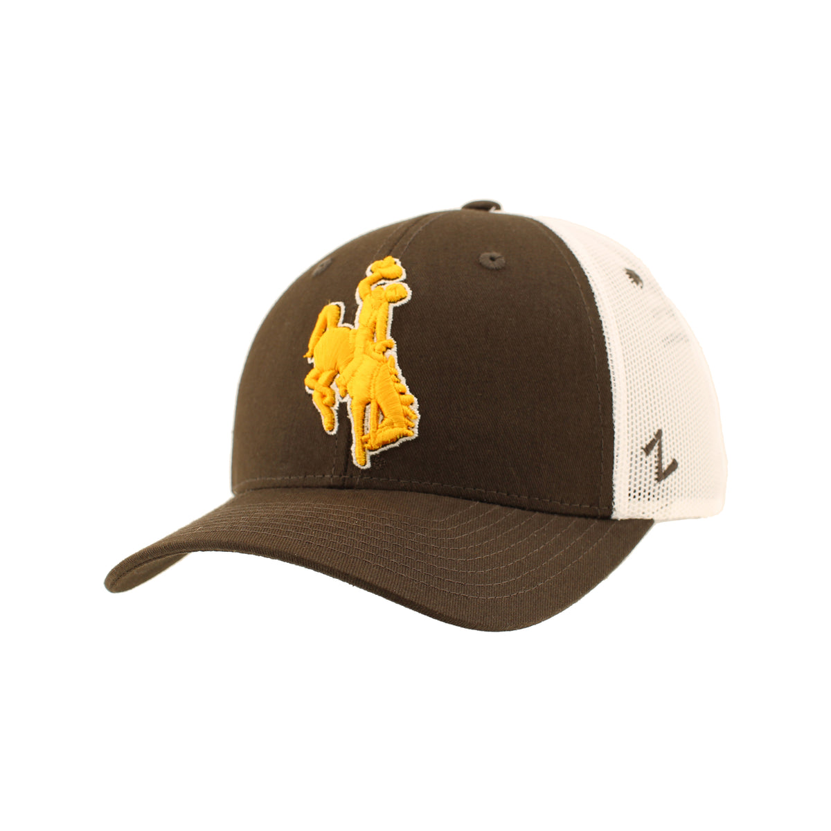 Brown adjustable hat with white mesh back. Has gold bucking horse embroidered on front. All pictured on a white background.