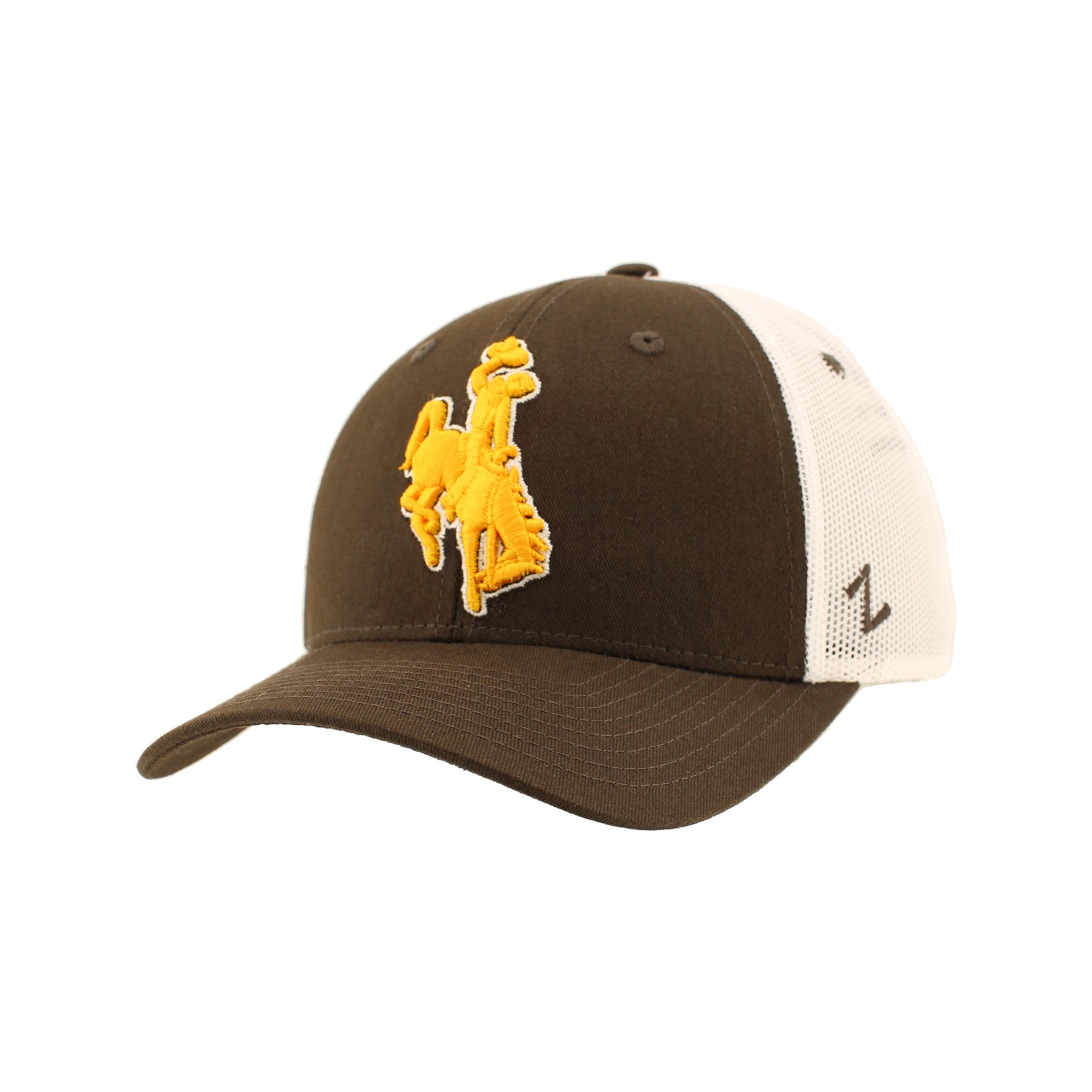 Brown adjustable hat with white mesh back. Has gold bucking horse embroidered on front. All pictured on a white background.