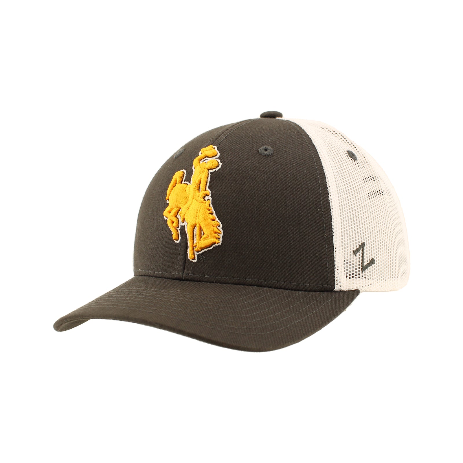 Charcoal hat with white mesh back. Has gold bucking horse logo embroidered on front. All pictured on a white background.