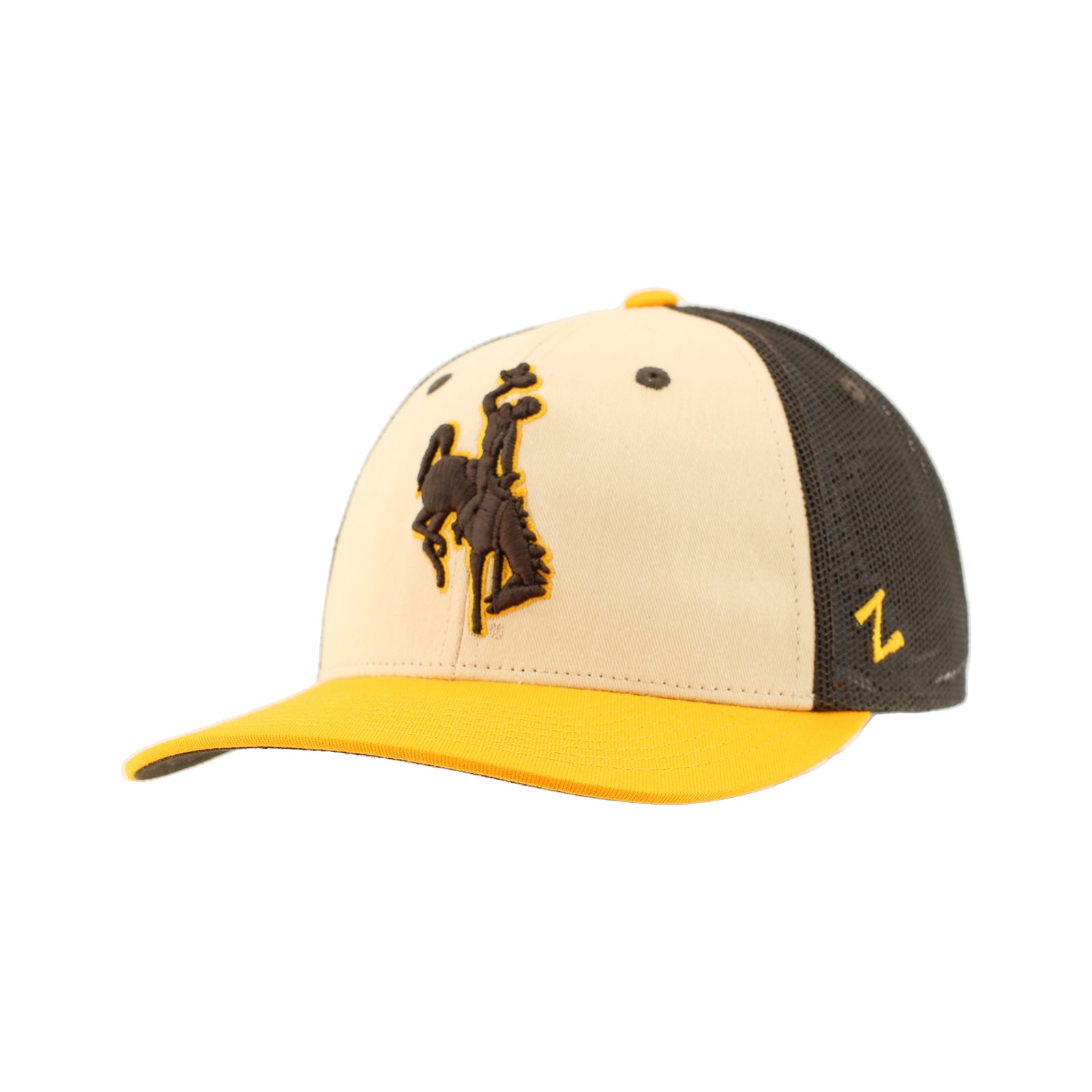 Stone hat with gold brim and brown mesh back. Has brown bucking horse logo embroidered on front. All pictured on a white background.