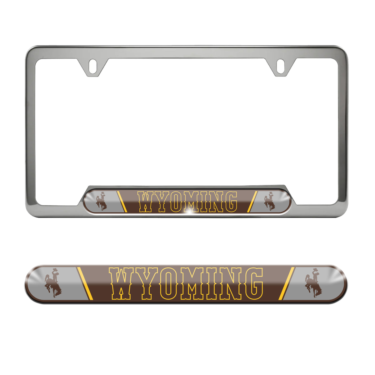 Silver license plate with wyoming lettering and bucking horse logo on frame. Pictured on a white background