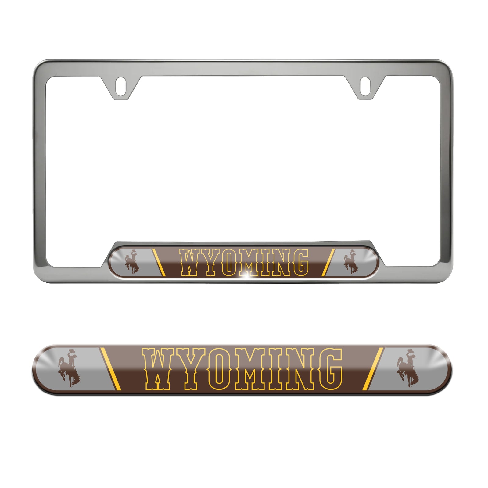 Silver license plate with wyoming lettering and bucking horse logo on frame. Pictured on a white background