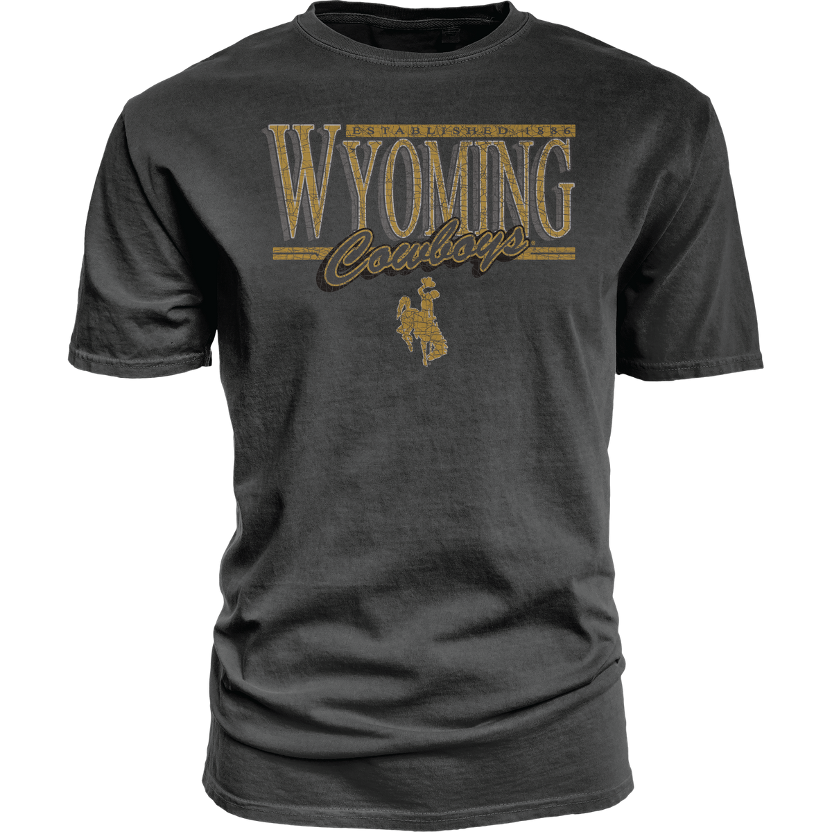 Dark grey t-shirt with 'Wyoming Cowboys' text and logos in grey and gold all center chest