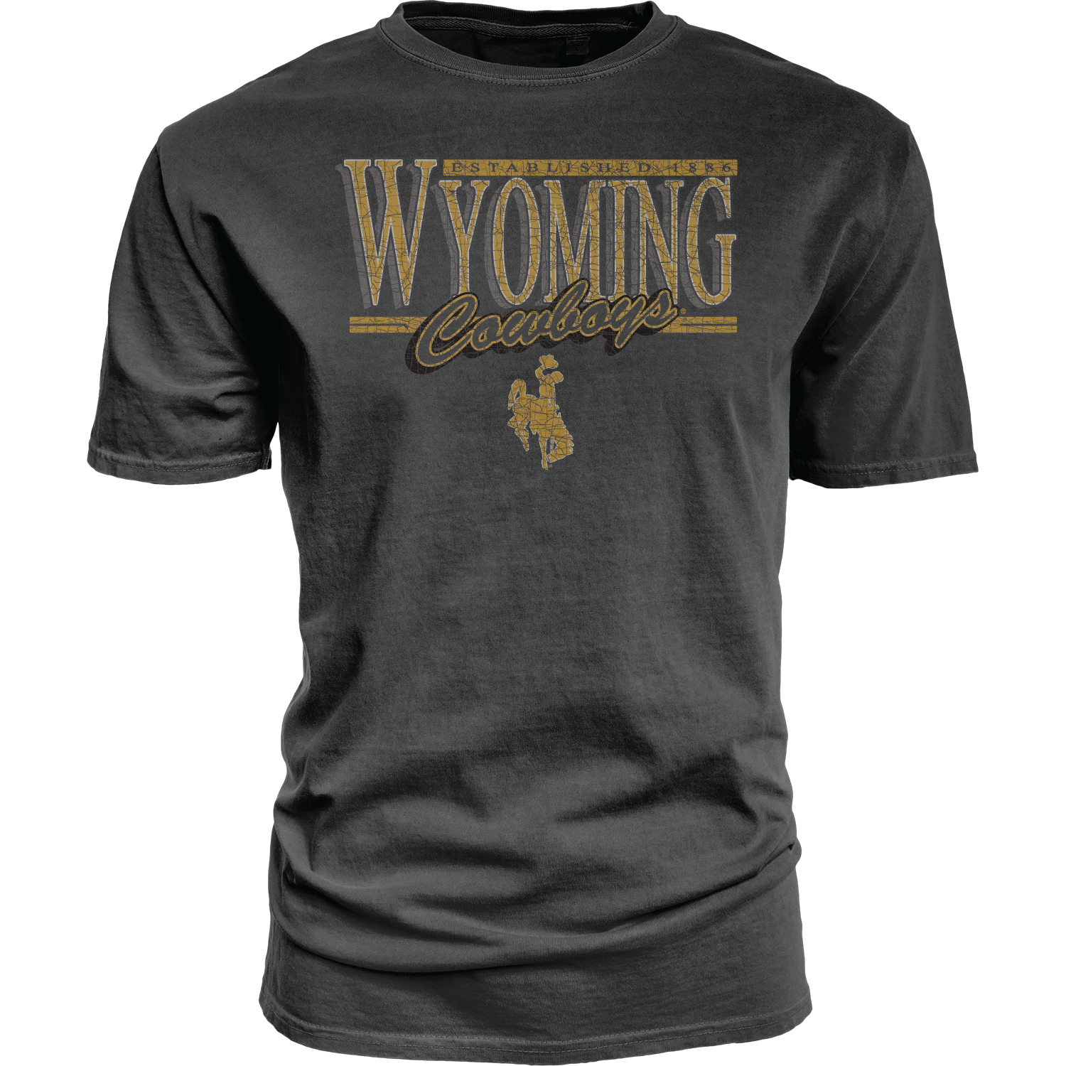 Dark grey t-shirt with 'Wyoming Cowboys' text and logos in grey and gold all center chest