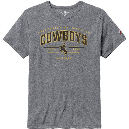 Gray t-shirt with 'University of Wyoming Cowboys' text and bucking horse logo in brown gold all center chest.